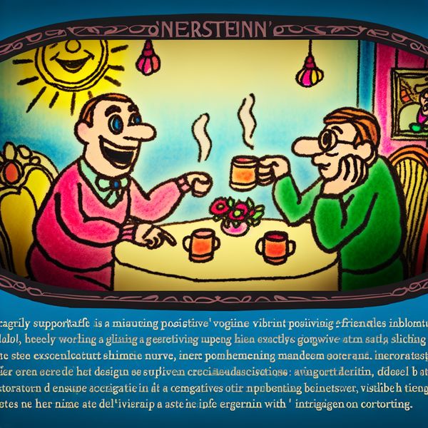 Twee personages in een gezellige café setting, waar de ene het andere aanmoedigt met vriendelijke gezichtsuitdrukking.