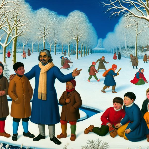 Ondersteunende leraar met studenten in winterlandschap Een leraar staat achter een groep studenten die bezorgd samenkomen in een winterlandschap, terwijl ze een probleem oplossen.