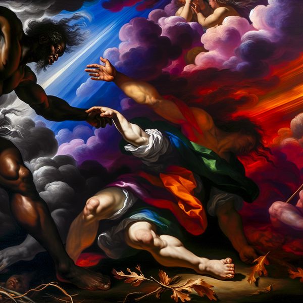 Barokse ondersteuning in kunst: strijd en triomf Een krachtige Barokscene met een sterke figuur die een helpende hand biedt aan een worstelende figuur, symboliserend ondersteuning en triomf.