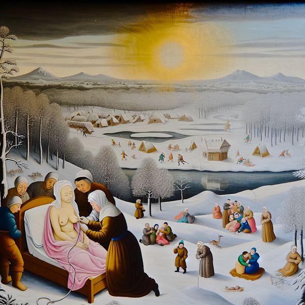 Ondersteuning bij Kanker in een Winterlandschap Kerstlandschap met diverse mensen die een vriend met kanker ondersteunen te midden van sneeuwbedekte bomen en een bevroren meer