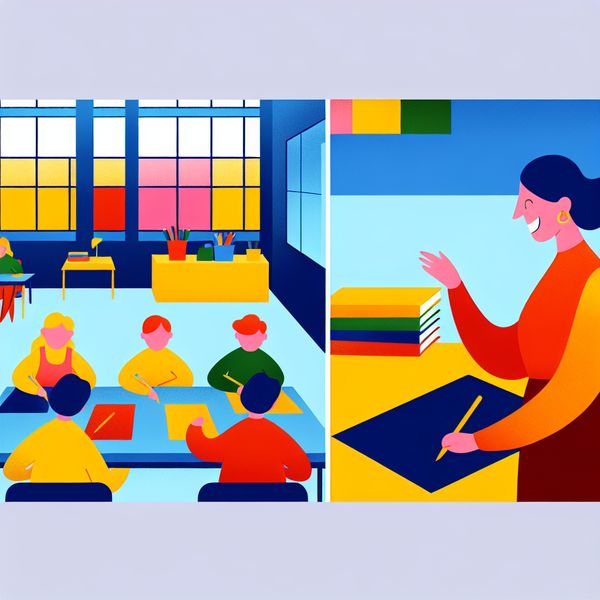 Ondersteuning in de Klas - Leraar en Studenten Minimalistische illustratie van een lerares die studenten begeleidt bij een groepsproject in een kleurrijke klas.