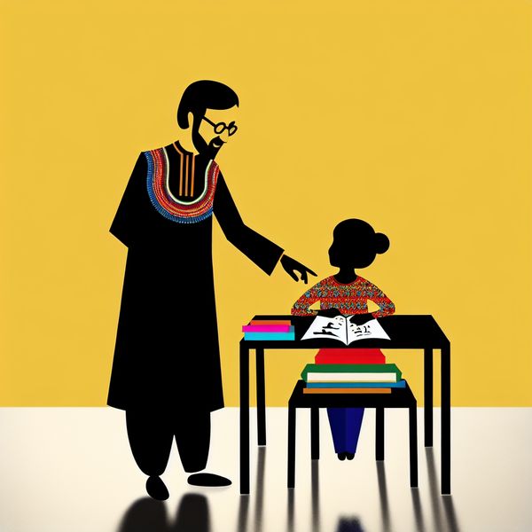 Ondersteuning in het Taalonderwijs: Leraar en Leerling Minimalistische afbeelding van een leraar die een student begeleidt aan een tafel vol kleurrijke boeken en schrijfmateriaal.