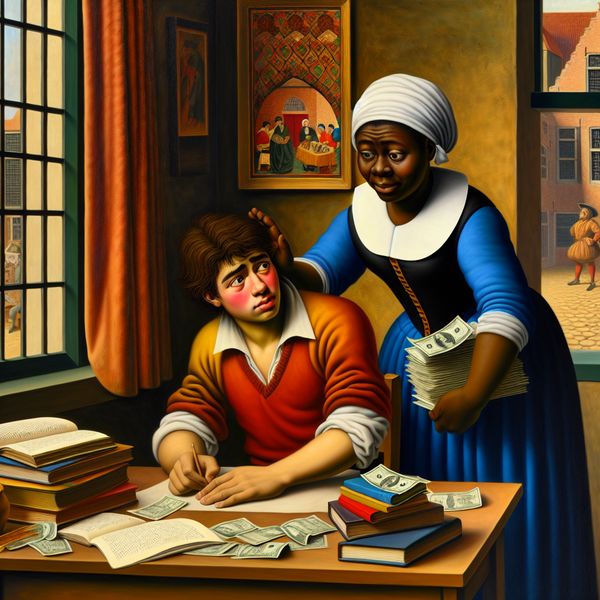 Jonge man voelt zich bezorgd over zijn studie terwijl hij zit aan een tafel vol boeken en papieren, zijn vriend biedt steun aan