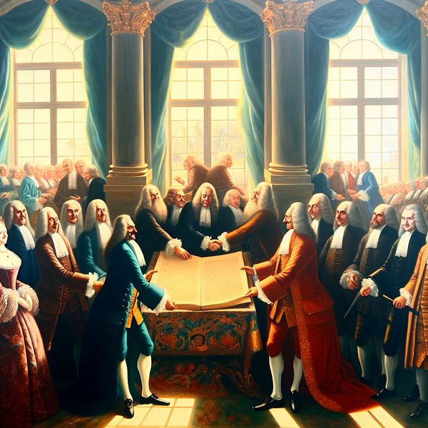 Het ondertekenen van een historisch verdrag tussen landen Historische scène van een verdrag ondertekening tussen twee naties met officiële vertegenwoordigers in elegante kleding.