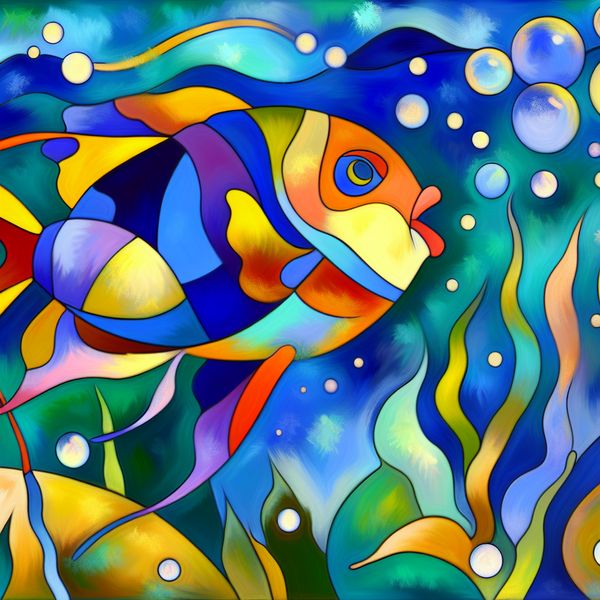 Abstracte Onderwater Scène met Kleurige Vis en Koraal Kleurrijke en abstracte vis zwemt tussen koraalriffen met luchtbellen in een onderwaterlandschap