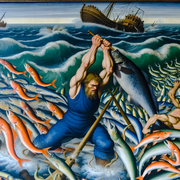 Onderwaterwereld van Zeevisserij met Vissoorten Een krachtige visser haalt een grote kabeljauw binnen terwijl scholen haring om hem heen zwemen in een onderwaterwereld.
