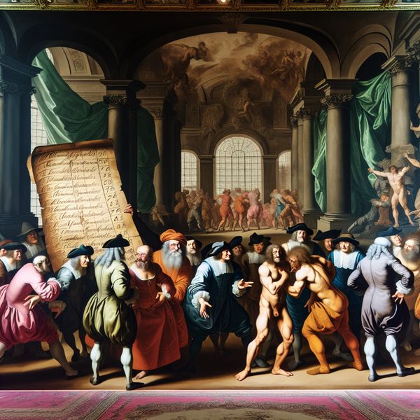 Barokke scène van een levendige discussie waarbij iemand een eerder besproken onderwerp herneemt met een uitgestrekte hand en een document
