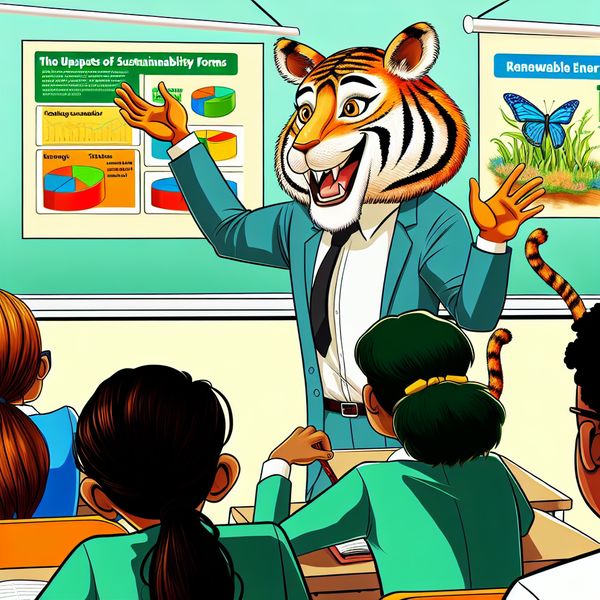 Interactieve les over duurzaamheid in een klaslokaal Een cartoonachtige illustratie van een lerares die met enthousiasme lesgeeft over duurzaamheid aan een diverse groep studenten in een klaslokaal.