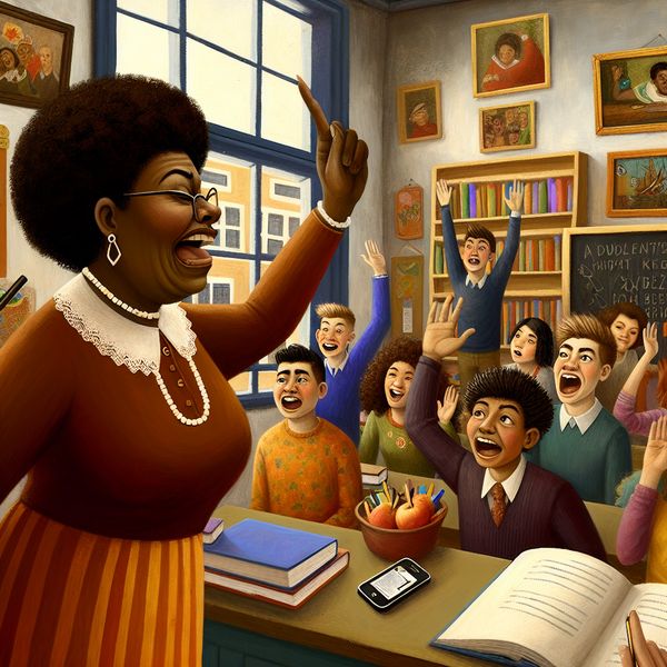 Docent met een humoristische uitdrukking schudt zijn hoofd terwijl leerlingen met opgewonden gezichten hun hand opsteken, met smartphones zichtbaar in een druk klaslokaal.