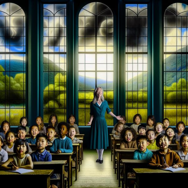 Onderwijs in een groen klaslokaal: Lerares roept studenten Lerares in een groene klaslokaal roept studenten met een uitnodigende gebaar, omringd door hoge ramen met zonlicht en uitzicht op glooiende heuvels en dramatische lucht.