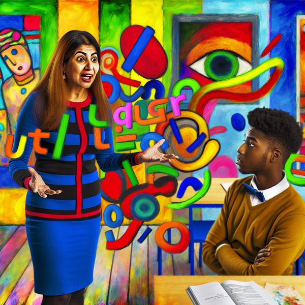 Vibrante kleurrijke klas met leraar en leerling Een levendige en abstracte scène van een leraar die een complex tekst uitlegt aan een geïnteresseerde student in een kleurrijke klas.