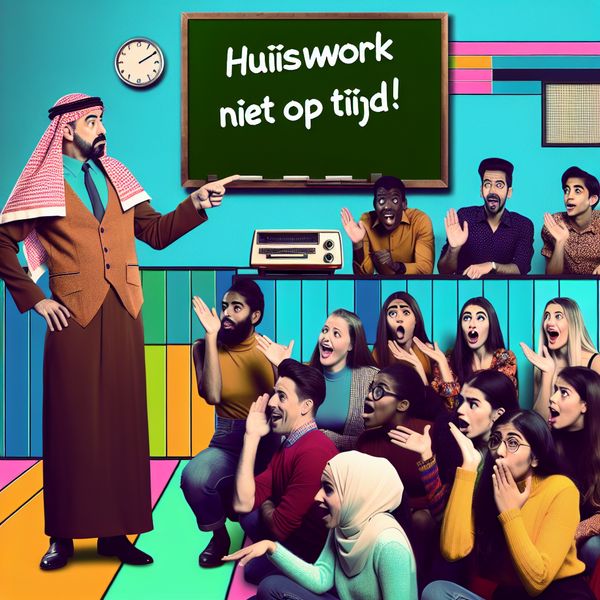 Een leraar in retro-futuristische stijl wijst teleurgesteld naar studenten die verbaasd en verward zijn door kritiek in een kleurrijk klaslokaal.