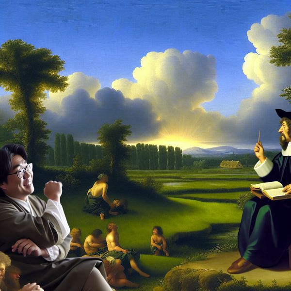 Leerling en docent in een weids landschap geïnspireerd door Jacob van Ruisdael Onderwijssetting met een leerling en docent in een prachtig landschap, waar de docent wijst naar een gloeiend licht.
