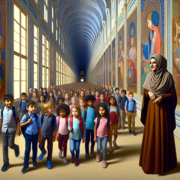 Onderwijs in een surreële gang met kleurrijke muurschilderingen Een hyper-realistisch beeld van een leraar die een groep diverse jonge studenten begeleidt door een surrealistische gang met monumentale architectuur en kleurrijke muurschilderingen.