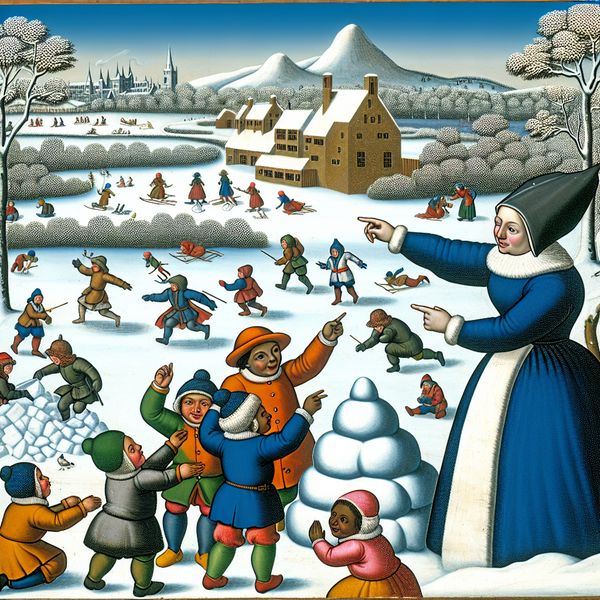 Educatieve Winter Scène met Leerlingen en Leraar Enthousiaste studenten rond een zorgzame lerares in een sneeuwlandschap, met een sneeuwfort op de achtergrond.