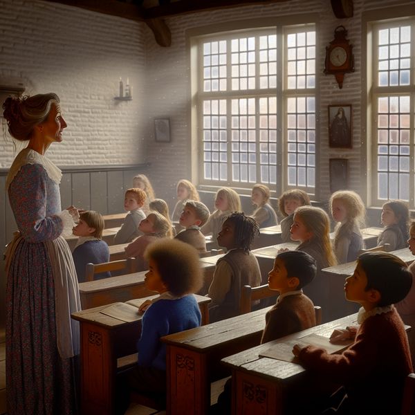 Onderwijzeres in traditionele Nederlandse klas Vrouwelijke onderwijzeres leest een verhaal voor in een traditionele Nederlandse klaslokaal, omringd door kinderen die aandachtig luisteren.