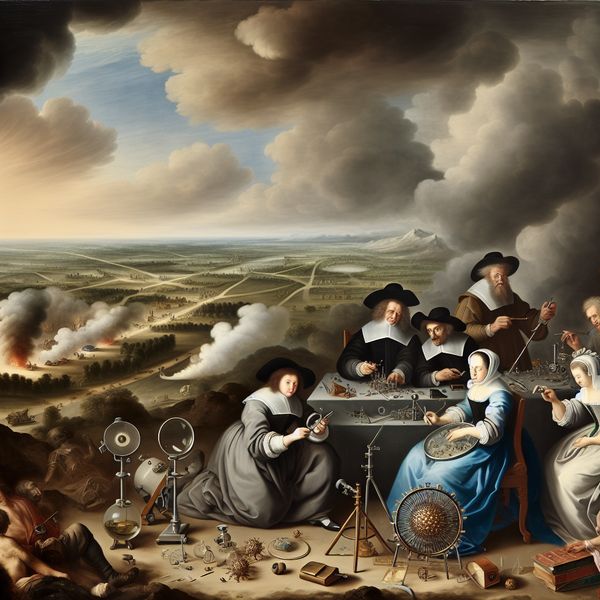 17e-eeuwse wetenschappers bestuderen een gedetailleerd virusmodel met vergrootglas, omringd door boeken en instrumenten in een dramatisch landschap, symboliserend voor systematisch onderzoek