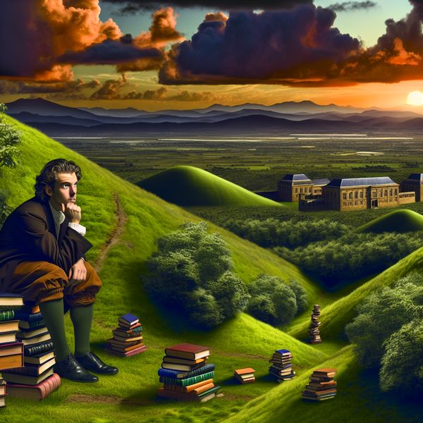 Een onderzoeker staat op een heuveltop te midden van boeken en scrolls, terwijl de zon ondergaat.