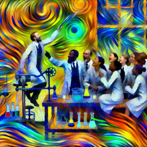 Vibrante Onderzoekers in Laboratorium: Fasen van Ontwikkeling Groep onderzoekers in laboratorium met kleurrijke chart van projectontwikkeling