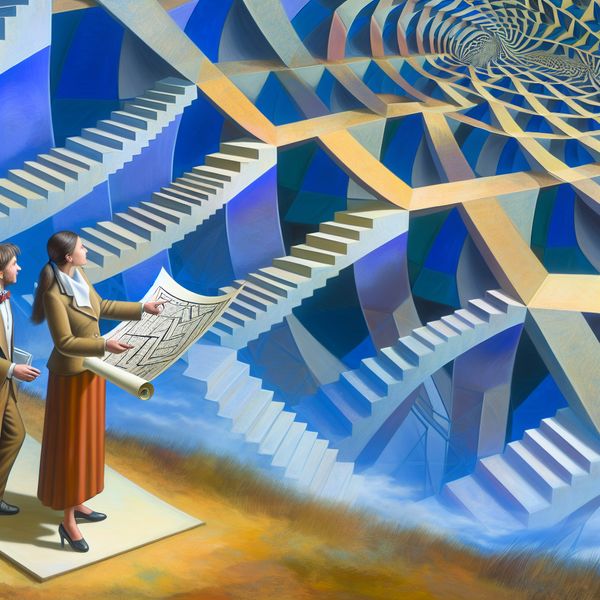 Onderzoekers op een surrealistische trap met een innovatief voorstel Twee onderzoekers op een mysterieuze, geometrische trap, terwijl een van hen een blueprint vasthoudt en een nieuw voorstel suggereert