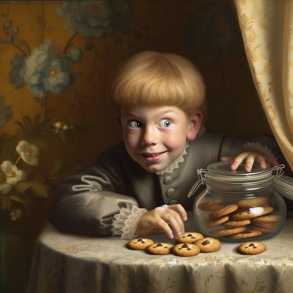 Een ondeugend kind dat stiekem koekjes uit een koekjespot steelt, met brede ogen en een tafelkleed erachter.