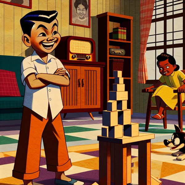 Ondeugende jongen veroorzaakt speelse chaos in retro woonkamer - betekenis van 'ondeugd' Speelse illustratie van een ondeugende jongen die een toren van houten blokken omgooit in een nostalgische woonkamer, met een geïrriteerde maar liefdevolle oudere broer of zus op de achtergrond