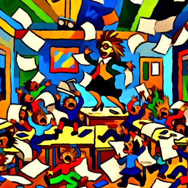 Ondeugend gedrag in de klas: speelse chaos en lol maken zonder regels Abstracte voorstelling van een chaotische maar speelse klas met ondeugende kinderen en een gefrustreerde leraar, in de expressieve stijl van Karel Appel