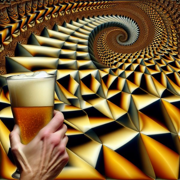Surrealistische illustratie van een hand die een glas bier vasthoudt met een oneindige spiraal van bier, geïnspireerd op M.C. Escher, symboliserend genieten en verlangen