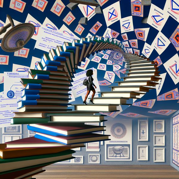 Surrealistische trap van Nederlandse woorden en examenpapieren die naar de hemel spiraliseert, symbool voor taalambitie en doelen bereiken