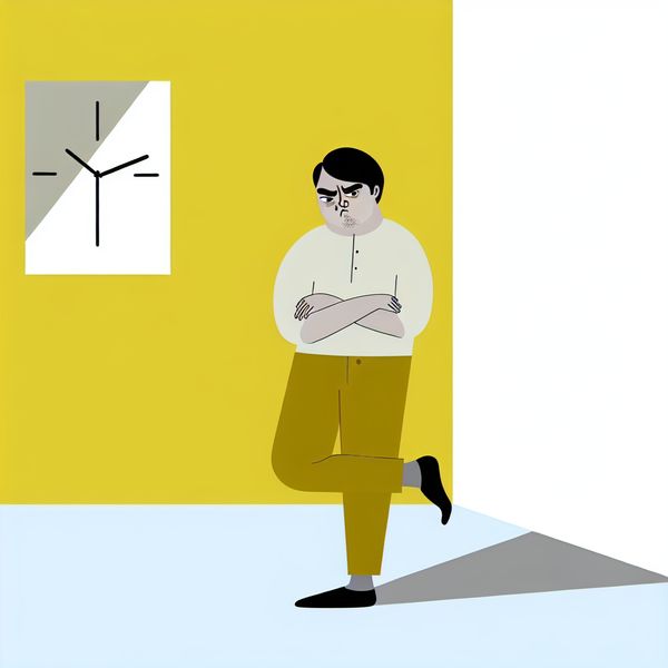 Ongeduldige persoon illustratie - Nederlands leren uitdrukking 'Nou, schiet eens op!' Minimalistische illustratie van een ongeduldig persoon met armen over elkaar en voet tikkend, in de stijl van Dick Bruna