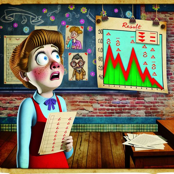 Cartoon van een student die teleurgesteld naar een rapport kijkt met veel rode cijfers in een kleurrijk klaslokaal, waaronder een scheef grafiek.