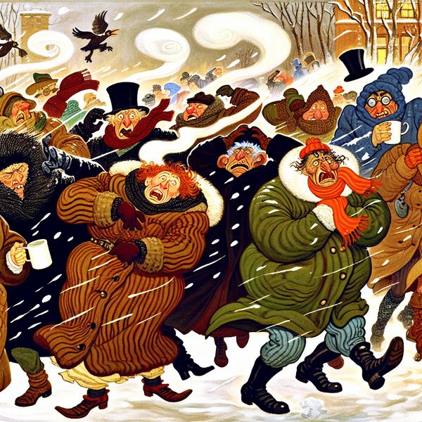 Chaotische winterwandeling met versterkend gevoel van extreme kou Levendige winterse straatscene met mensen die bibberen van de kou, in warme kleding en met overdreven gezichtsuitdrukkingen van ongemak, in de stijl van Jan Steen