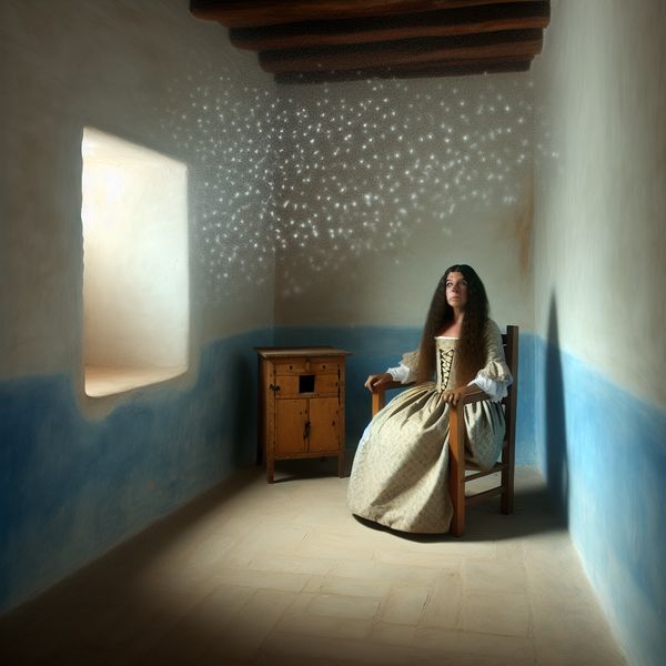 Een jonge vrouw in een historische outfit zit ongemakkelijk op een houten stoel in een kleine, claustrofobische kamer, verlicht door zacht licht.