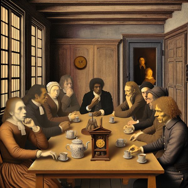 Illustratie van een nostalgische, ouderwetse vergaderruimte met een groep mensen rond een tafel tijdens een ongemakkelijke stilte in een gesprek