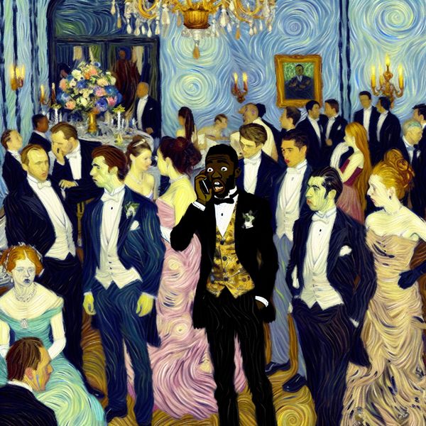 Ongepaste Gedragingen op een Gala Een chaotische scène op een gala, met een persoon op de telefoon in een ongepaste outfit en een geschokte uitdrukking, omgeven door elegant geklede gasten die afkeurend kijken.