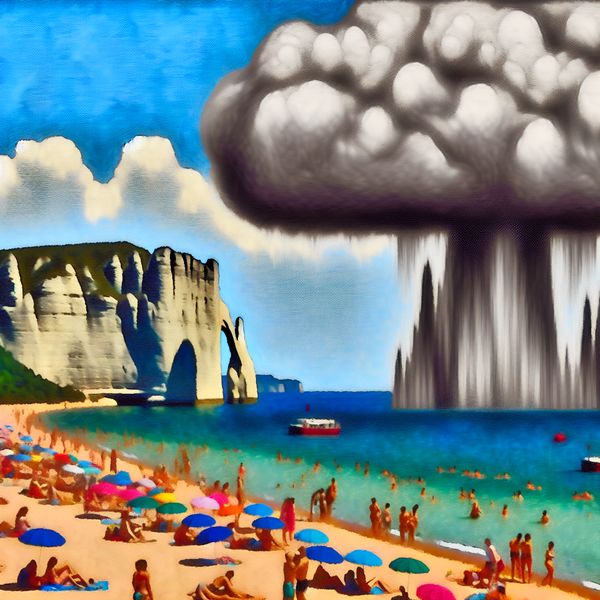 Surrealistische afbeelding van ongewenste regen op een strand Surreal scene of a heavy grey cloud overshadowing a vibrant beach filled with vacationers