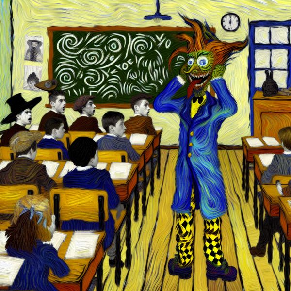 Ongewoon Gedrag in de Klas - Van Gogh Stijl Leerlingen in een levendige klaszaal met een nieuwe student die zich vreemd gedraagt, geschilderd in de stijl van Vincent van Gogh.
