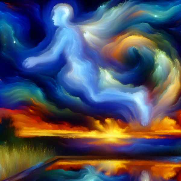 Ongrijpbare figuur in etherische omgeving Een etherisch tafereel met een translucente figuur die zweeft, omgeven door levendige kleuren die doen denken aan een dromerige lucht.