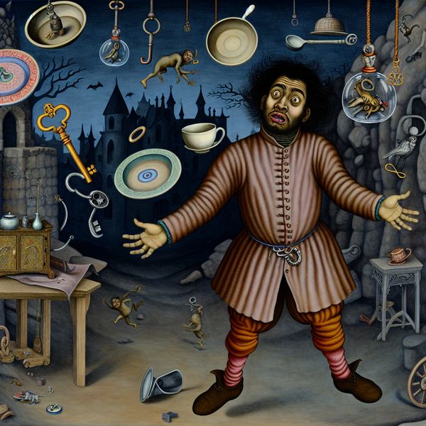 Onhandige persoon in surrealistisch Bosch-achtig tafereel met zwevende voorwerpen Surrealistisch schilderij in de stijl van Jheronimus Bosch van een onhandige man omringd door zwevende voorwerpen en ondeugende wezentjes in een chaotische, droomachtige omgeving