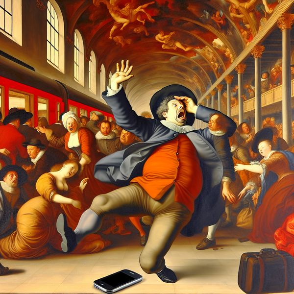 Onhandige man verliest smartphone in barokke treinstation-scène | Betekenis 'onhandig' Barokke scène van een onhandige man die zijn smartphone laat vallen op een 17e-eeuws Nederlands treinstation, in de dramatische stijl van Peter Paul Rubens