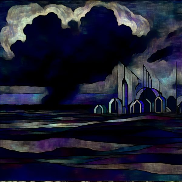 Onheilspellend landschap met futuristische elementen Dramatisch landschap met duistere wolken en een stedelijke skyline op de achtergrond, met futuristische gebouwen in de voorgrond