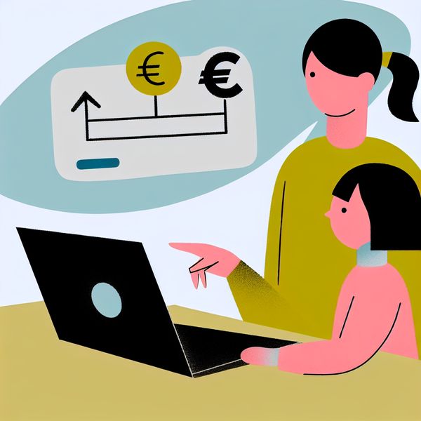 Online bankieren uitleggen aan kind met eenvoudige transactie voorbeeld Minimalistische illustratie van ouder en kind die samen een geldtransactie via online bankieren bekijken op een laptop
