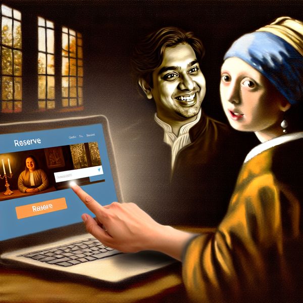 Online Hotelkamer Reserveren bij Schemering Koppel reserveert een hotelkamer online bij schemering