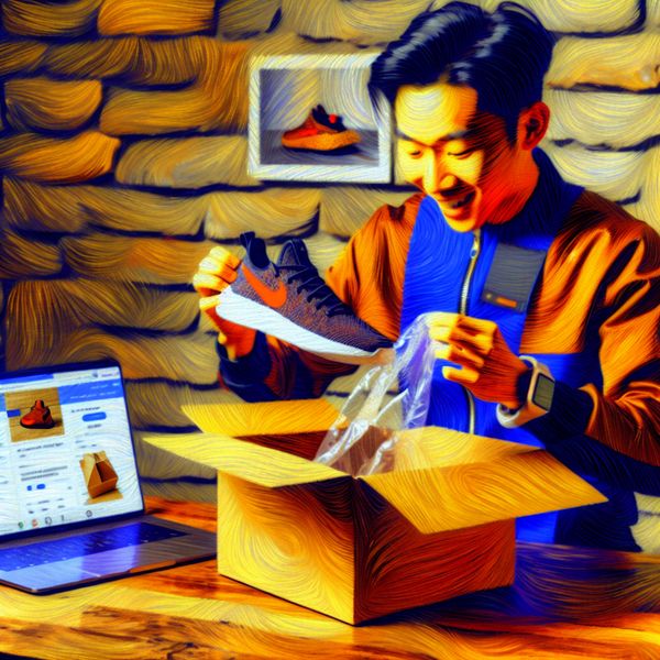 Online winkelen en bezorging van producten - Van Gogh stijl digitale kunst Digitale schilderij in Van Gogh-stijl van persoon die enthousiast een online bestelde schoenendoos opent aan een houten tafel met laptop met winkelwagen op het scherm
