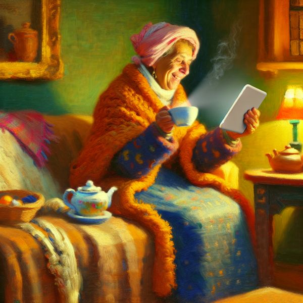 Oudere vrouw geniet van online winkelen met een kopje thee in een gezellige woonkamer, geschilderd in de stijl van Frans Hals