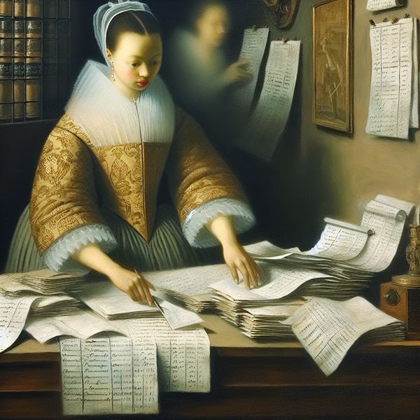 Onlosmakelijk kenmerk: hard werken en risico's in 17e-eeuws Nederland 17e-eeuwse Nederlandse persoon aan bureau met financiële documenten, symboliserend onlosmakelijke verbondenheid tussen hard werken en risico's