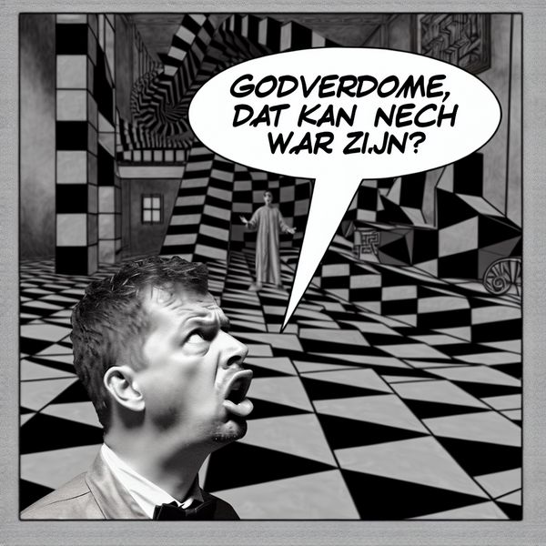 Een man in een onmogelijke geometrische landschap, geschokt kijkend met 'Godverdomme, dat kan toch niet waar zijn?' boven hem.