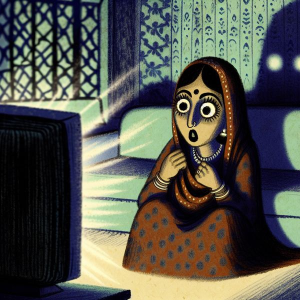 Persoon kijkt met angstige ogen naar horrorfilm in schemerige kamer