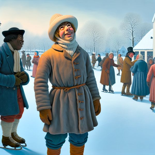 Naïeve persoon in wintertafereel - Nederlandse uitdrukking onschuldig leren Vrolijke naïeve persoon in een winterdorp, omringd door spelende dorpelingen op het ijs, in de stijl van Hendrick Avercamp