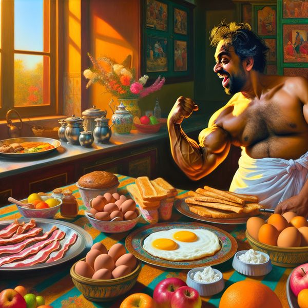 Een levendige drukte in een keuken waar iemand het ontbijt bereidt voor een gezin, geïnspireerd door de Baroque-stijl van Rubens.